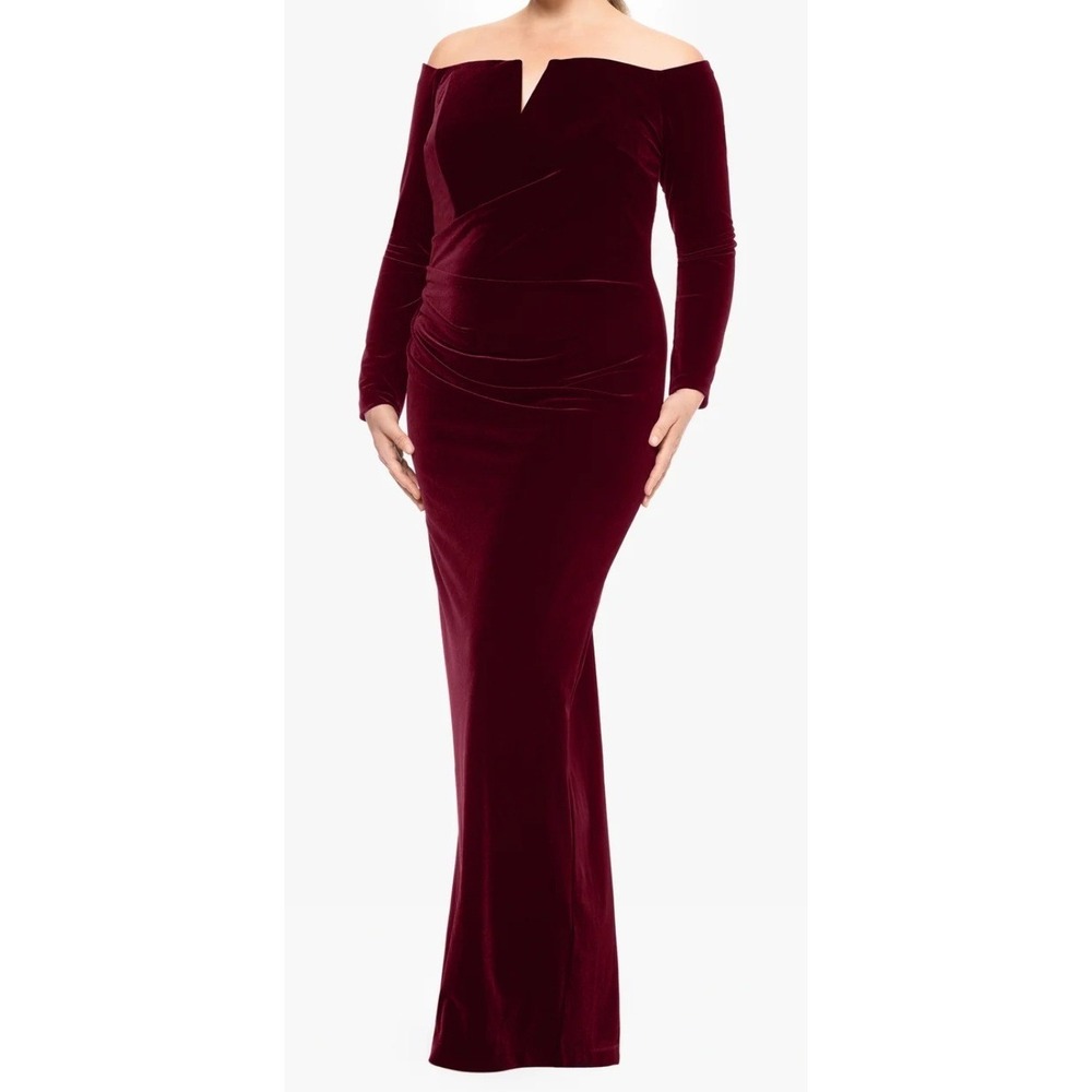 X by Xscape Velvet Gown 16 Burgundy Off Shoulder Ruched Evening Dress XC204 NEW - Picture 12 of 12
